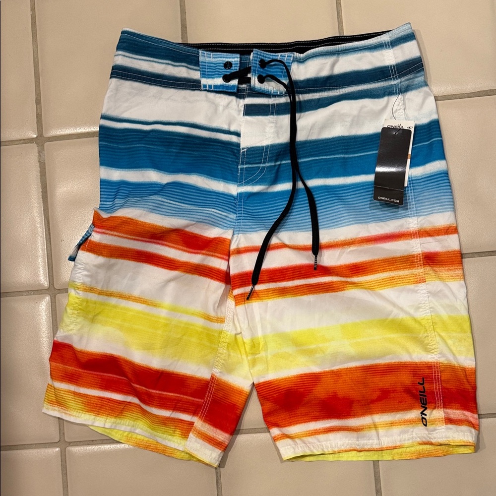 O'Neill Size 29 Men's Striped Blue, Yellow, and Orange Board Shorts NWT Kingston